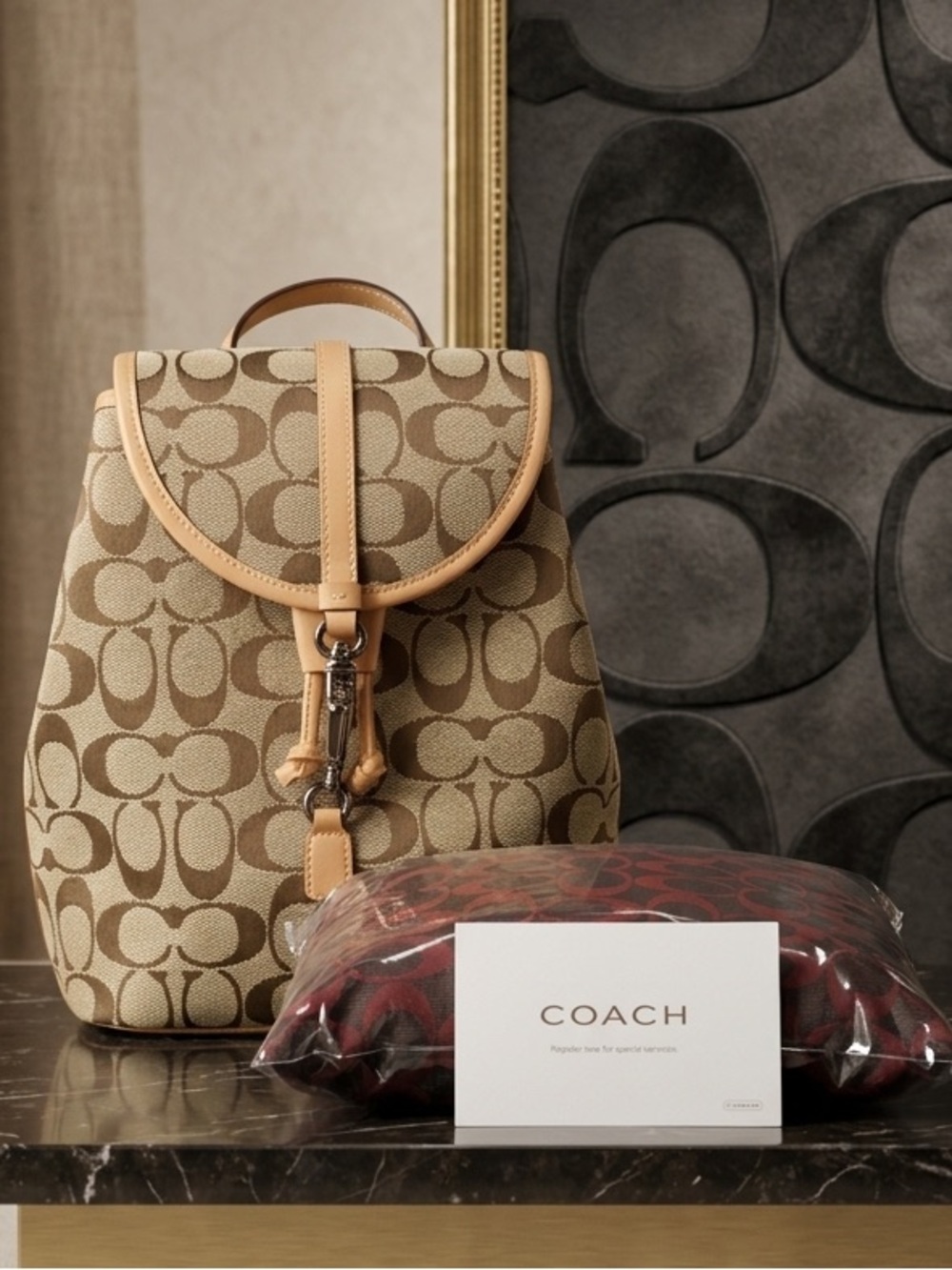 Coach Vintage Signature 'C' Jacquard Canvas & Leather Backpack in Brown/Tan.